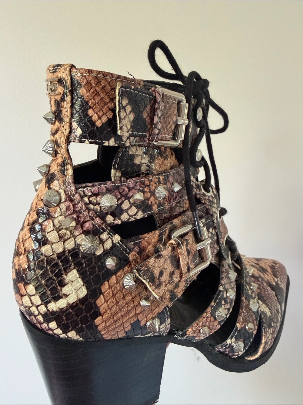 Sam Edelman Snakeskin Studded Lace-Up Block Heel Bootie - Brown/Black